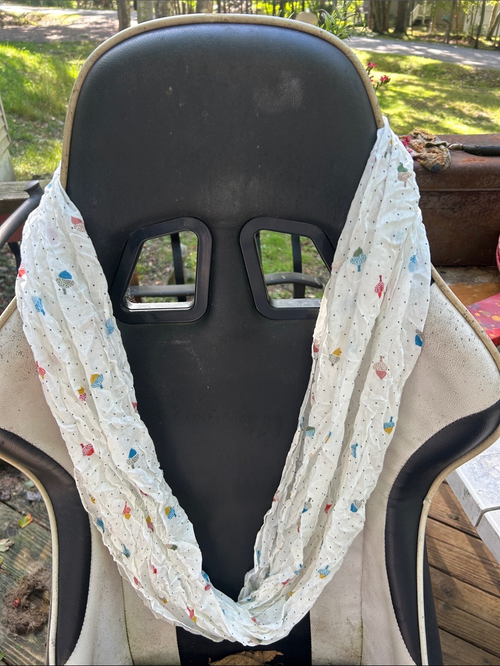 Lightweight White Infinity Scarf with Multicolor Cups Print